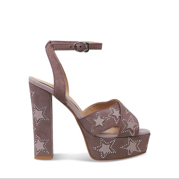 Women’s Star Print Crystal Embellished Platform Block Heel in Pink Faux Suede - Picture 2 of 4